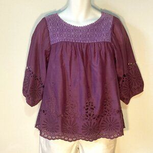 Hazel SZ S Purple smock style top silk blend with lace yoke cut out embroidery